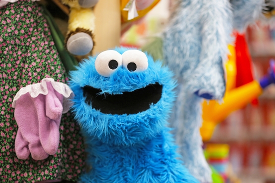Eine Nahaufnahme der Cookie-Monster-Handpuppe